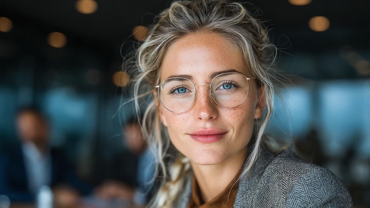 Captivating Portrait of a Confident Young Woman with Freckles and Glasses, Radiating Charm and Intelligence in a Cozy Indoor Setting