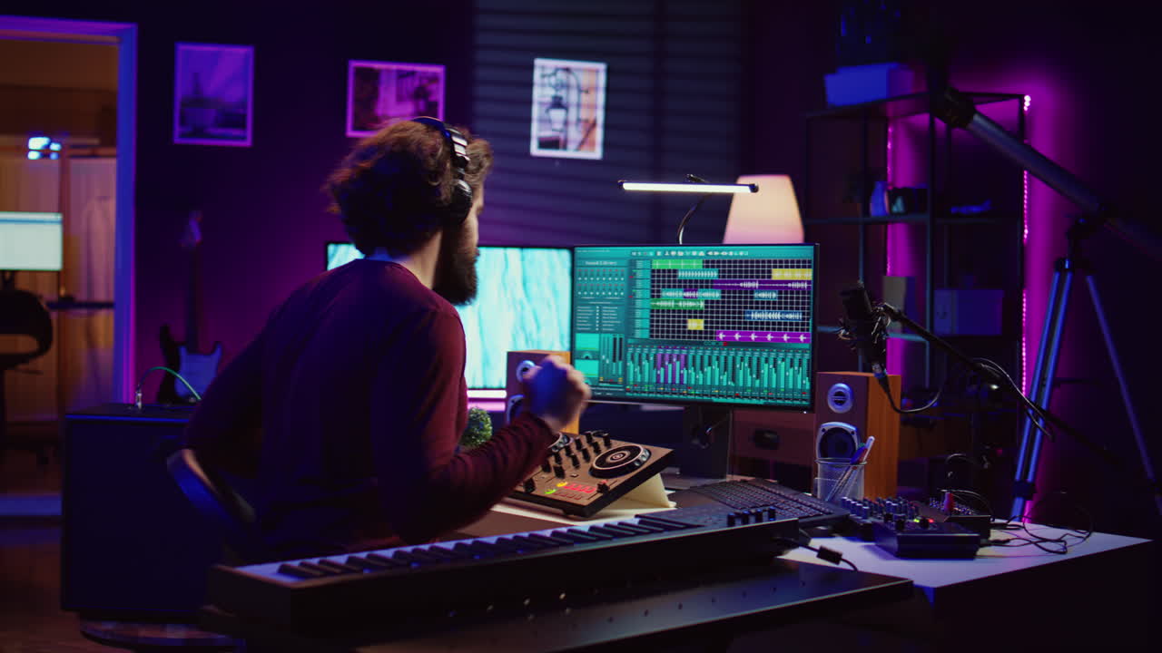 Audio technician mixing and mastering songs on daw software
