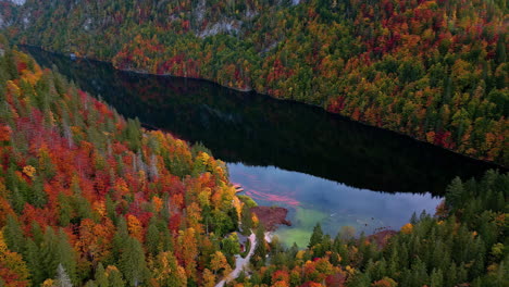 Vista-Aérea-De-Un-Hermoso-Lago-En-Los-Alpes-Medios-Y-Follaje-De-Otoño-Europeo