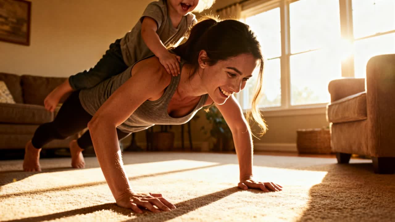 Playing parent performing push-ups on home carpet after toddler climbing on back, gray tank top