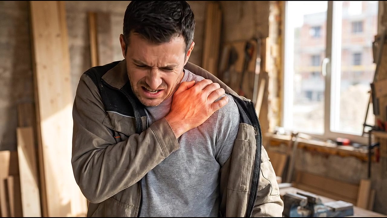Uomo di mezza età che prova dolore alla spalla e tensione muscolare mentre è seduto al chiuso vicino a mobili in legno