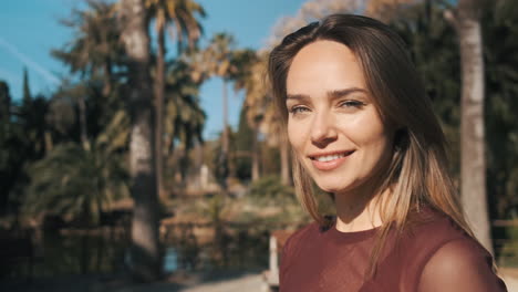 caucasian woman looking at camera