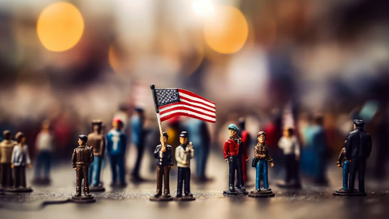 Pessoas com uma bandeira em uma cena de encontro. Um grupo de pequenas figuras está reunido. Uma delas segura uma bandeira americana enquanto outras conversam e interagem.