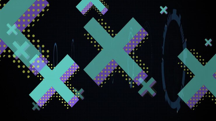 Animation of abstract x shaped icons and spinning round scanner against black background