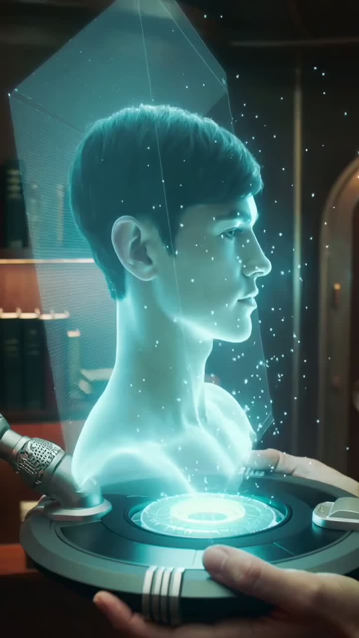 Vertical video: Booting projector, tech hands raising cyan holo bust in lab for demo with probes