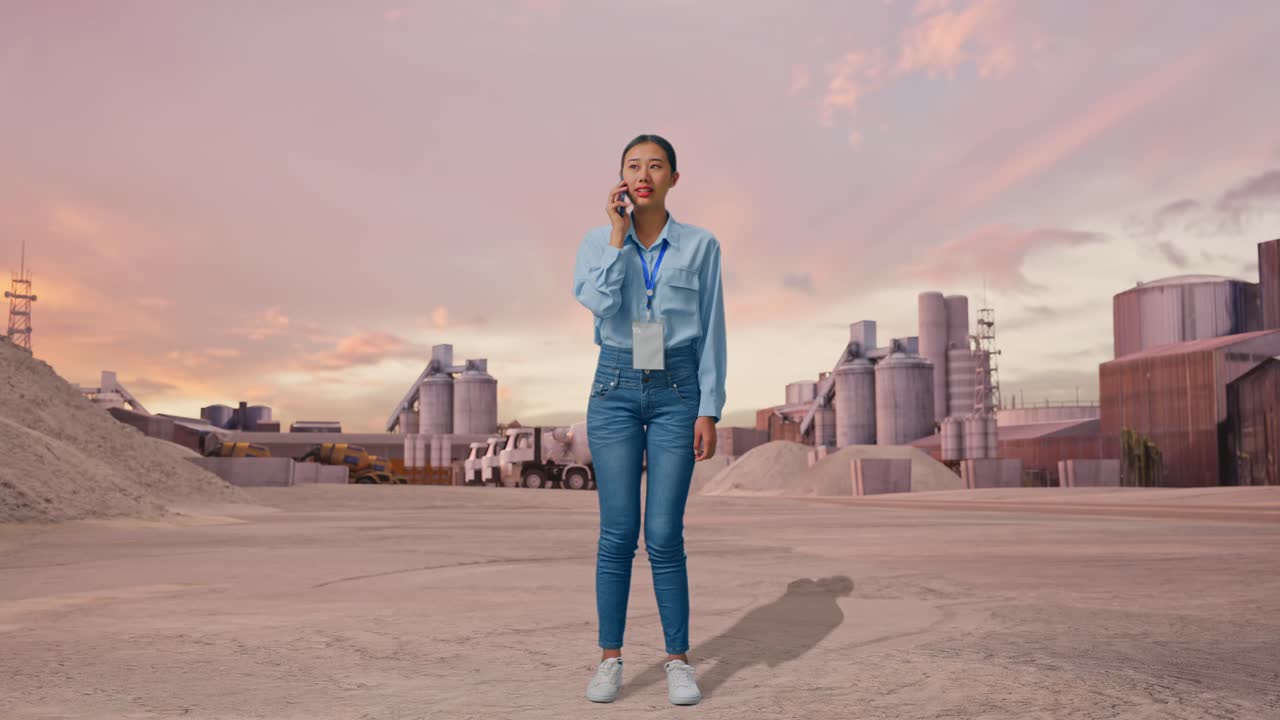 Donna asiatica a figura intera in un cementificio industriale al tramonto, sta parlando con qualcuno al telefono.