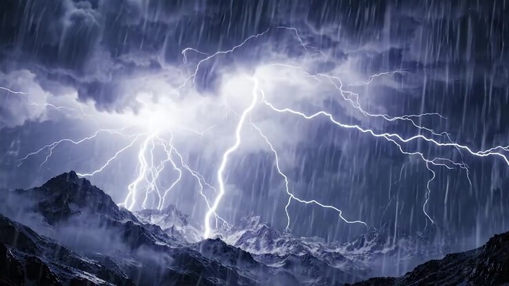 Fulmini drammatici su un paesaggio montuoso in mezzo a forti piogge: una dimostrazione accattivante della potenza della natura nel cielo notturno tempestoso