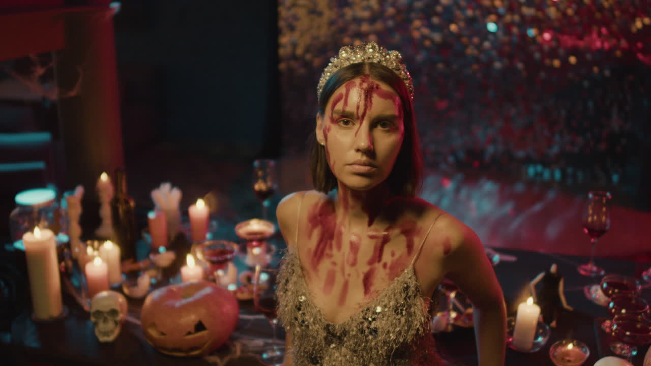 젊은 여성이 카메라를 쳐다보고 있습니다.