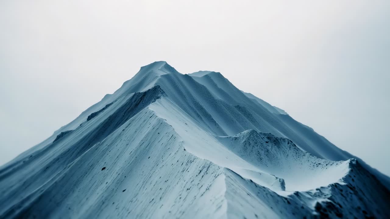 Upon starting, camera tilting downward, panning right over snowy mountain ridge showing side slopes