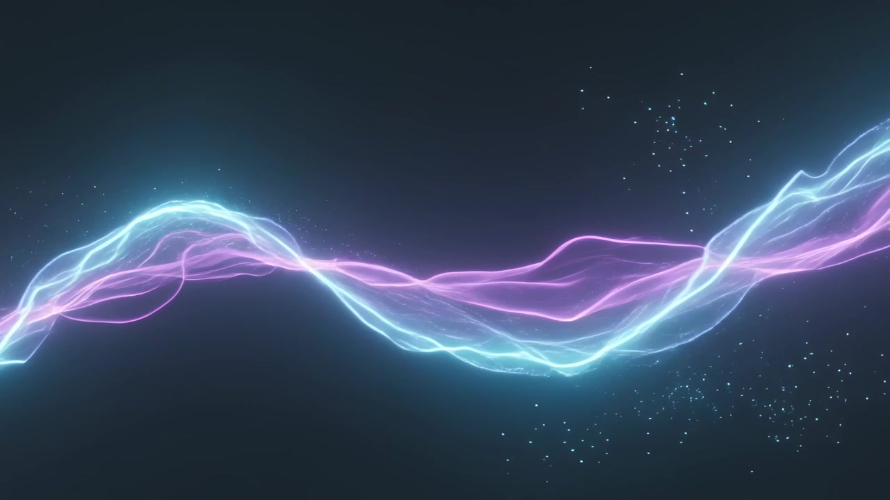 Intersecting cyan and pink ribbons weaving across black void with specks drifting right as waveform