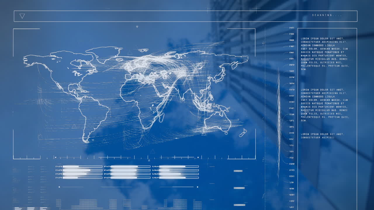 Animation of financial data processing with world map over modern building