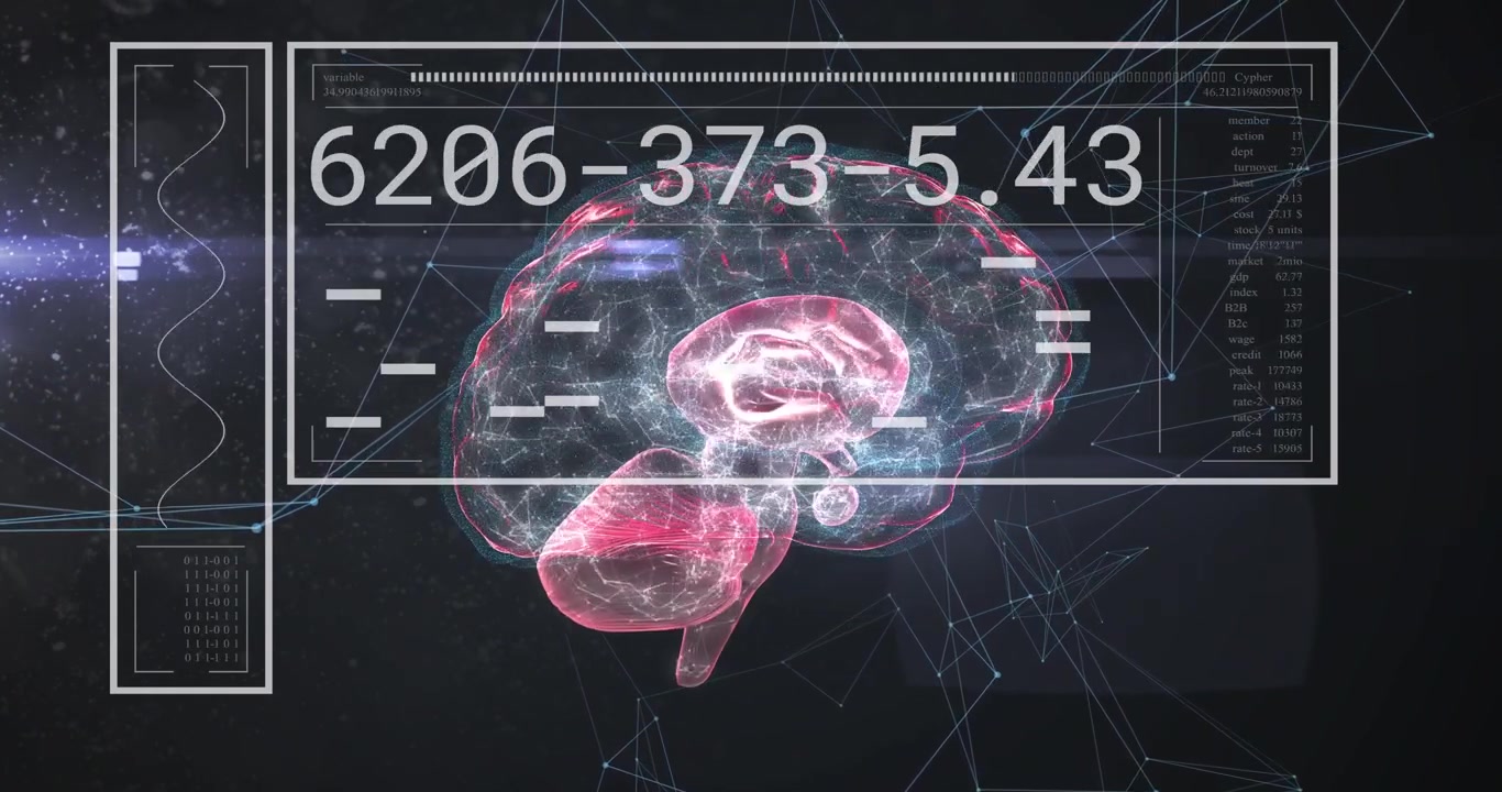 Data stream updating numeric readouts, 3D brain hologram rotating and pulsing for medical analysis