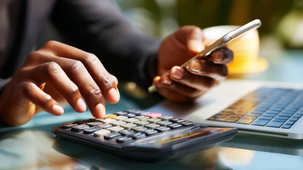 A focused individual calculates numbers on a calculator while using a smartphone, demonstrating multitasking skills in a professional environment with a laptop nearby