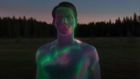 translucent man with aurora glow in nature at dusk