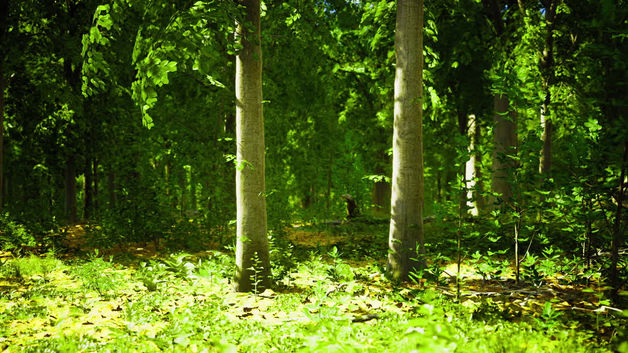 A serene forest filled with tall trees and vibrant foliage