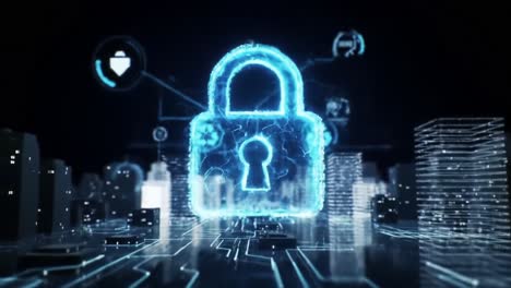 a futuristic representation of cybersecurity visualization featuring a dynamic digital lock in a neon city landscape highlighting data protection themes