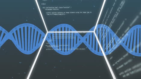 cadena de adn y codificación animación de procesamiento de datos sobre fondo oscuro