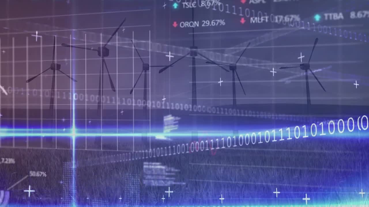 푸른 빛 트레일과 초원에서 풍차에 대한 데이터 처리