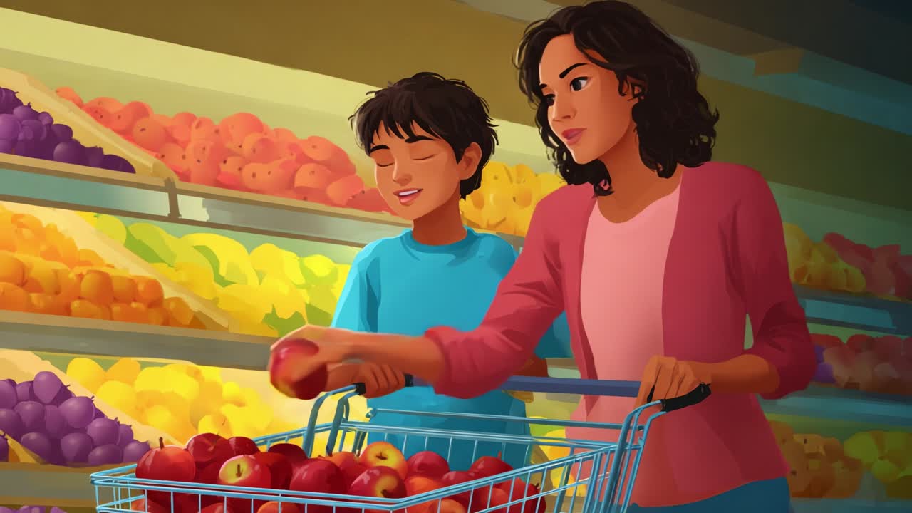 A joyful mother and son experience while shopping for fresh produce, focusing on selecting ripe apples together in a colorful grocery store filled with vibrant fruits and vegetables