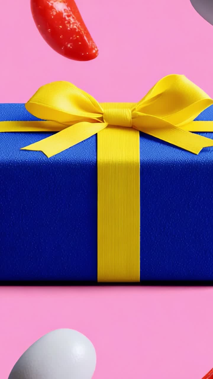 A Vibrant Blue Gift Box Topped with a Bright Yellow Ribbon Set Against a Soft Pink Background, Surrounded by Colorful Floating Elements, Capturing a Whimsical and Joyful Aesthetic of Celebration and Surprise