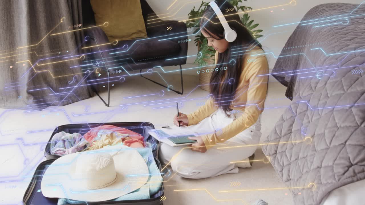 Woman kneeling by suitcase, using notebook, arranging clothes, placing hat, overlay guiding travel