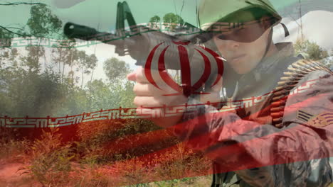 digital composition of waving iran flag against soldier training with a gun at training camp