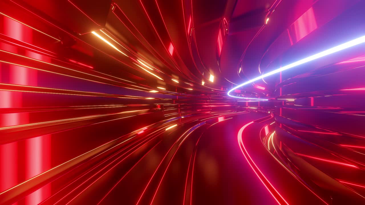 네온 조명, 카메라가 터널을 날아가고, 네온 조명이 박이는 사이버 크 스타일의 은 오렌지색 배경.
