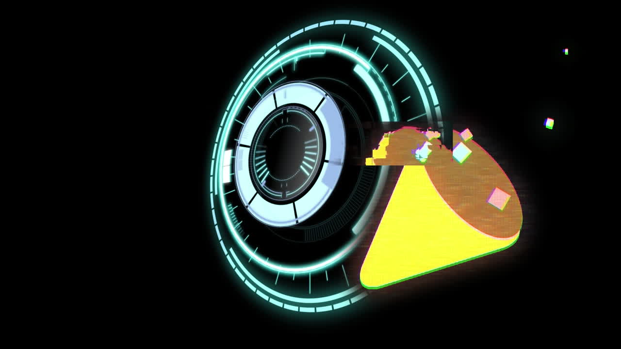 스 ⁇  스캐닝과 검은색 배경 위에 콘페티 아이콘이 있는 소셜 미디어 콘의 애니메이션