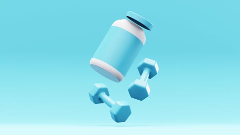 3d barbells with jar of protein powder against blue background