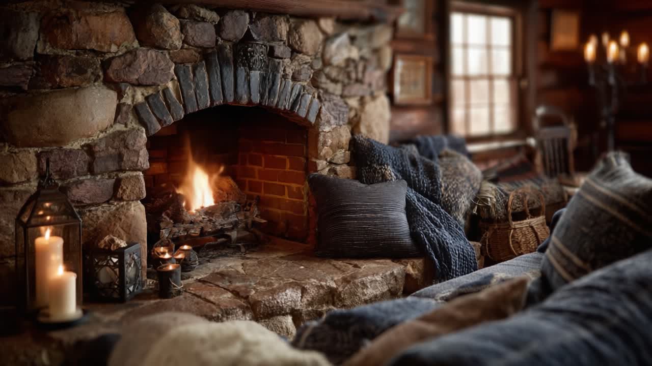 Varm og hyggelig hytte-stue med en smuk stenpejs, bløde tekstiler, flakkende stearinlys og en indbydende atmosfære perfekt til afslapning og hygge.