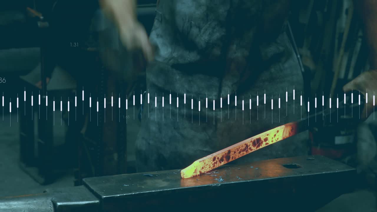 Blacksmith raising hammer, striking hot steel bar for shaping metal while waveform overlay pulsing
