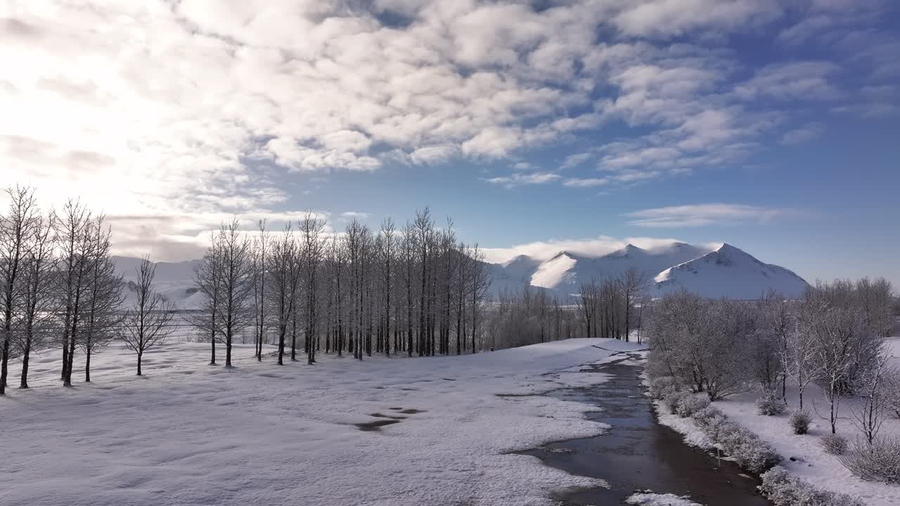 Snowy trees and a winding stream lead toward snow-covered mountains in Borgarfjörður, Iceland.