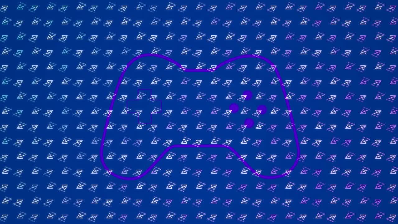 Animation af bevægende former og gamepad-ikon over blå baggrund