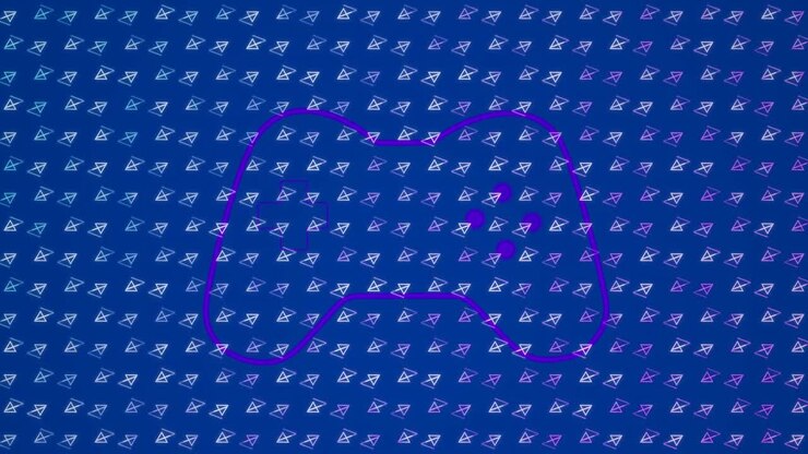 Animation of shapes moving and gamepad icon over blue background