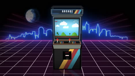 Retro-Arcade-Automat-Mit-Klassischem-Spiel-Und-Leuchtender-Skyline-Im-Hintergrund---Nahtlose-Schleife