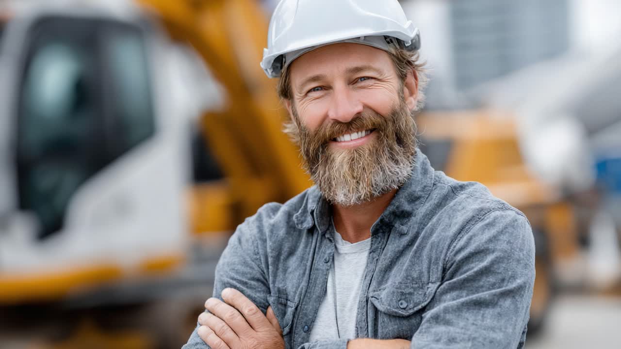 Confident Construction Worker Smiling with Hard Hat and Beard Overlooking a Construction Site Background in a Professional Setting