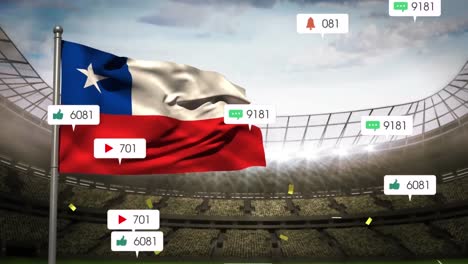 animación de iconos de las redes sociales y confeti cayendo sobre la bandera de texas contra el estadio deportivo