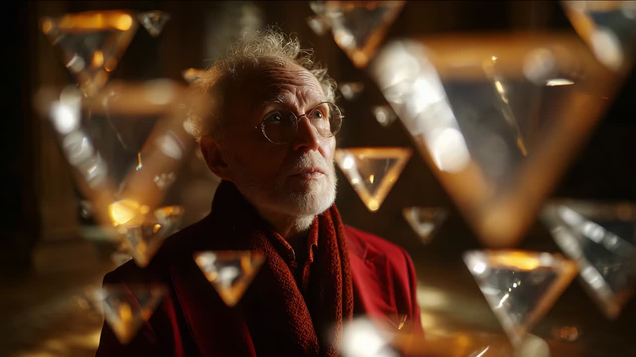 A Contemplative Figure in a Mystical Environment Surrounded by Floating Prismatic Shapes That Capture Light, Creating a Glowing Atmosphere Enriching the Scene with Depth and Intrigue