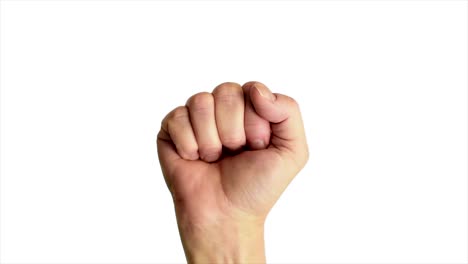 close up shot of a male hand holding up a classic power or fist sign, against a plain white background