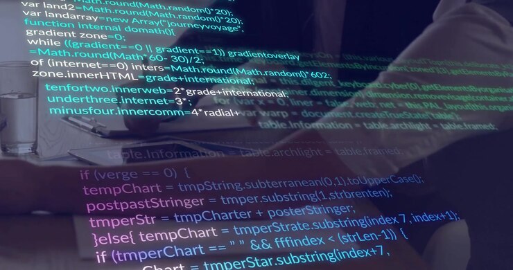 Animation of digital data processing over diverse business people in office