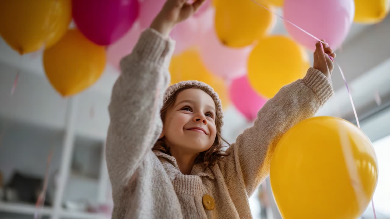 A joyous celebration unfolds as a child enthusiastically holds bright yellow and pink balloons, radiating happiness and innocence in a festive atmosphere filled with colorful decorations
