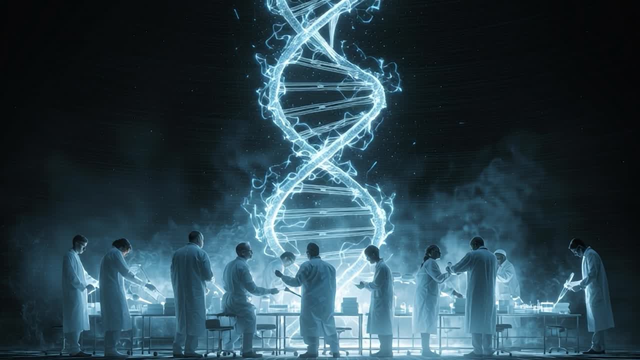 Scienziati che conducono ricerche sul DNA in un ambiente di laboratorio futuristico.