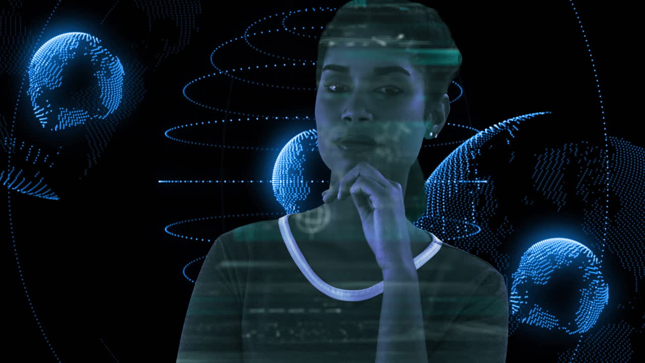 Contemplating digital globe, woman analyzing data visualization animation in office