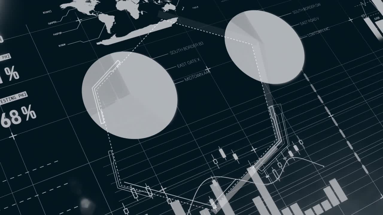 Animation of hexagons over infographic interface against black background