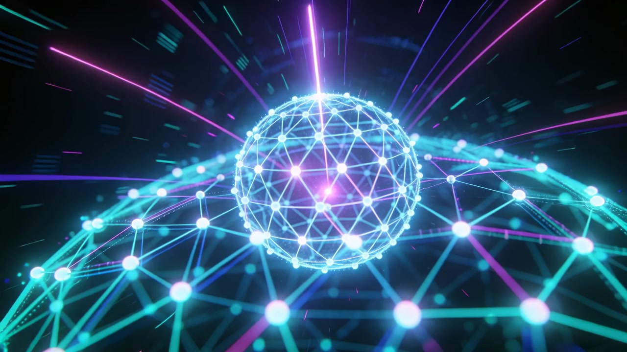 Core glowing, pulsing mesh sphere sending magenta beam, neon streaks over dome, showing energy flow