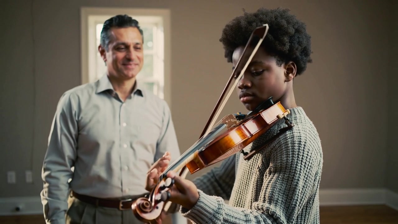 Reaching teacher correcting student chin or shoulder in studio, he bowing violin, grey knit