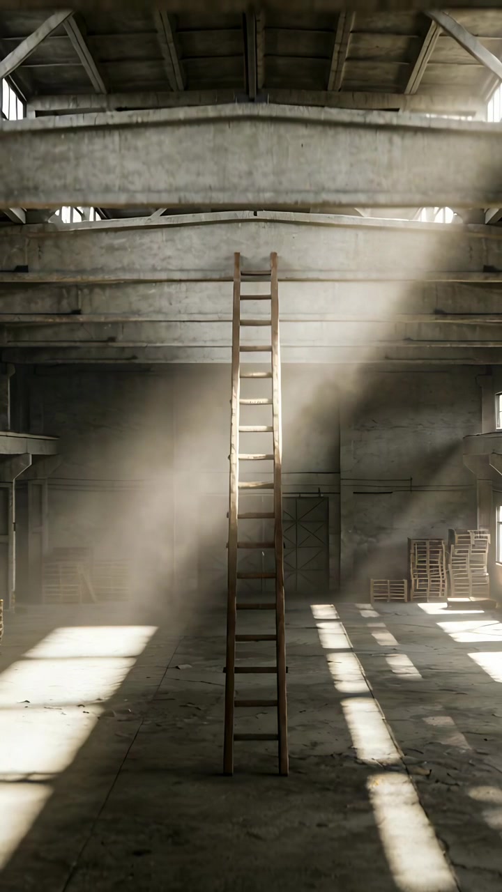 Video verticale: Il movimento del sole sposta la luce attraverso una sala vuota, illuminando una scala di legno e pulviscolo