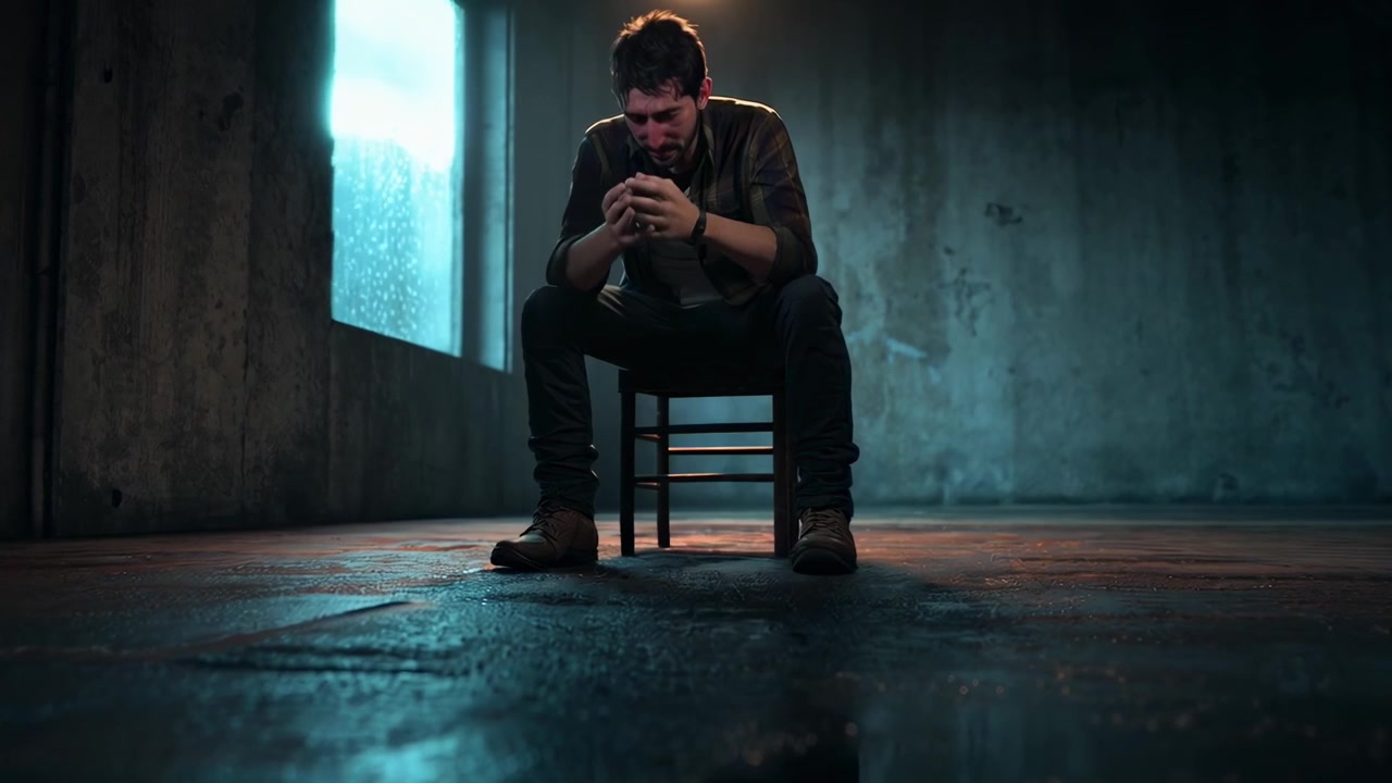 Depressed Man Sitting Alone in a Dark Room