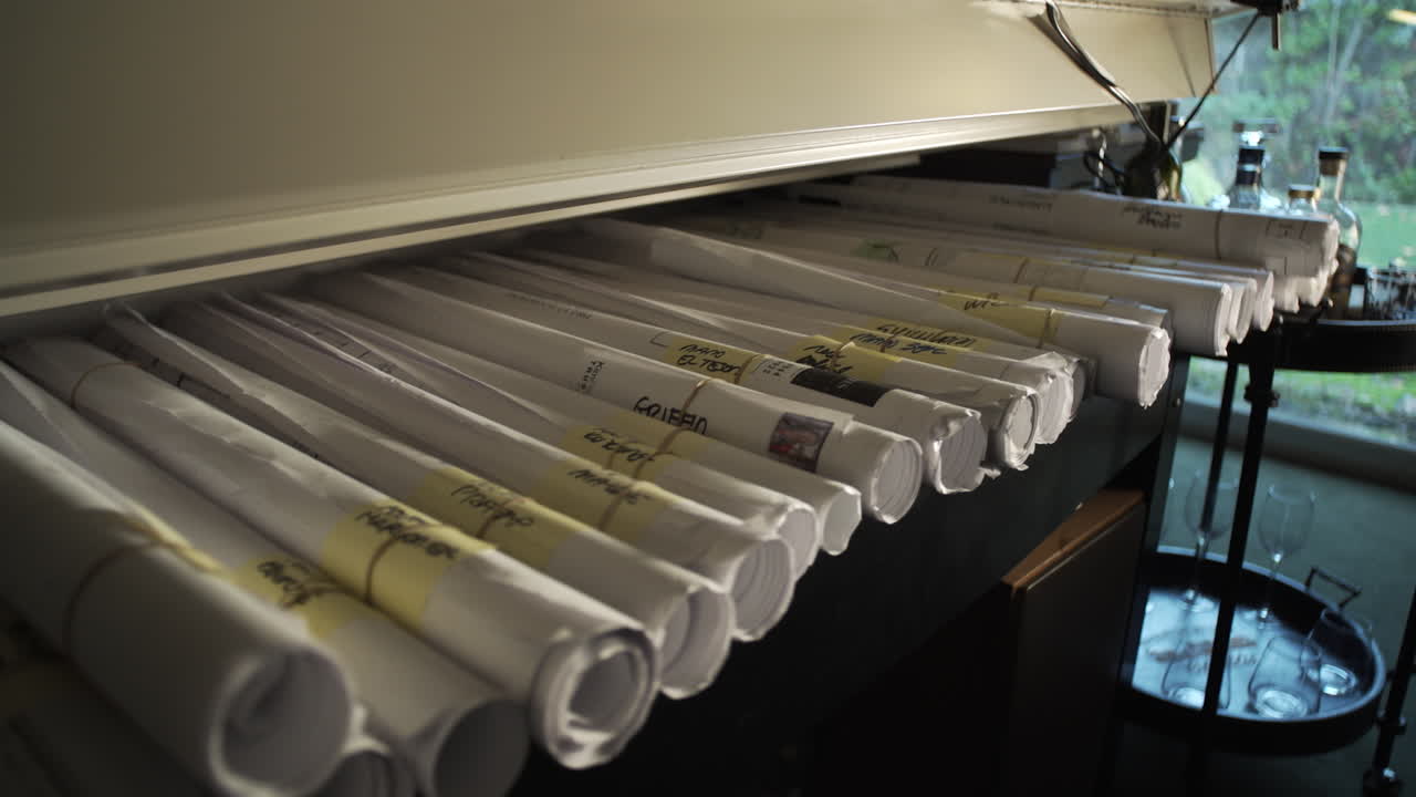 инженер-архитектор помещает чертеж в большую коллекцию чертежей - кадр долгий