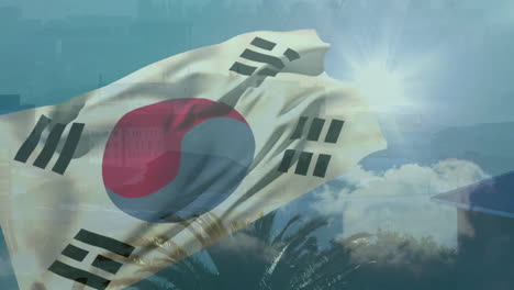 south korean flag waving over hazy urban skyline with palm silhouettes under sunburst effect